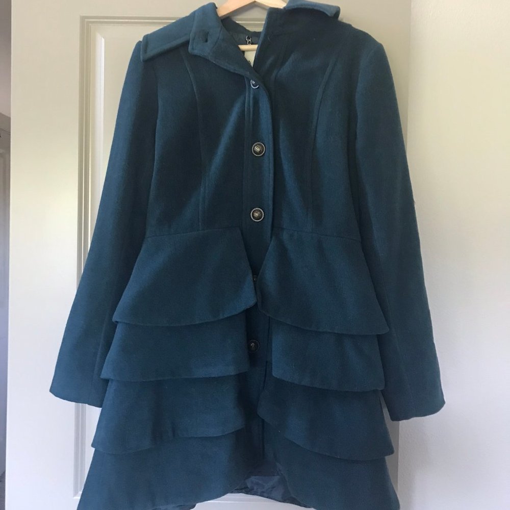 Pleated Peacock Blue Winter Coat